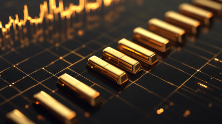 An elegant D bar graph with gold bars on a polished black surface, showcasing a steady rise in value, symbolizing golds stable market positionの素材