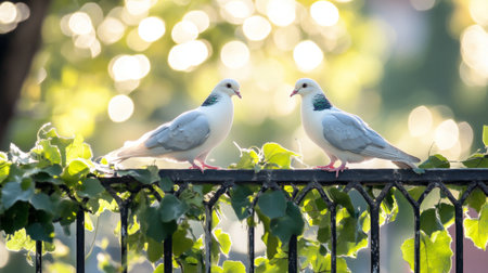 An artistic shot of two doves perched on a fence, gazing into each others eyes, surrounded by lush greenery, symbolizing love and companionship in natureの素材