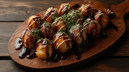 An inviting image of takoyaki balls arranged on a wooden platter, drizzled with sauces and topped with fresh herbs, creating a delicious and appealing snack displayの素材