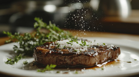 An inviting shot of a beautifully plated dish seasoned with a sprinkle of salt, garnished with fresh herbs, showcasing the final touch that elevates home-cooked meals.の素材
