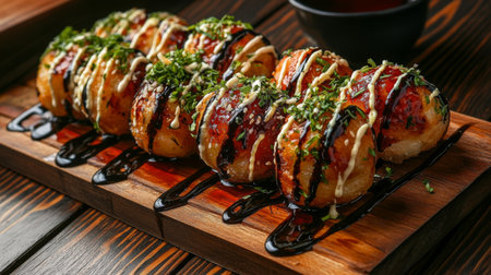 An inviting image of takoyaki balls arranged on a wooden platter, drizzled with sauces and topped with fresh herbs, creating a delicious and appealing snack displayの素材