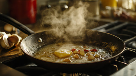 An inviting shot of a hot skillet with melted butter and garlic sizzling, perfect for preparing delicious dishes, set against a bright kitchen backdrop.の素材