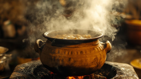 An atmospheric image of a traditional clay pot simmering over an open flame, with steam rising and aromatic spices filling the air, evoking a sense of home-cooked warmth.の素材
