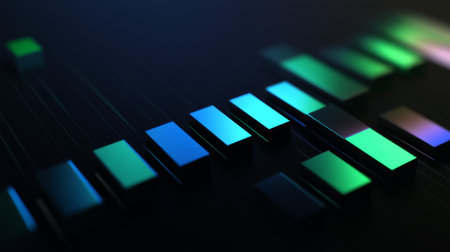A D bar graph in cool blues and greens on a dark background with soft lighting from above, creating a sophisticated, data-centric visualの素材