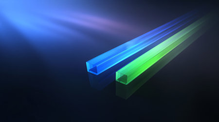 A D bar graph in cool blues and greens on a dark background with soft lighting from above, creating a sophisticated, data-centric visualの素材