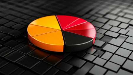 A D pie chart in warm and cool tones, floating slightly above a reflective black surface, creating a sophisticated, data-centric designの素材