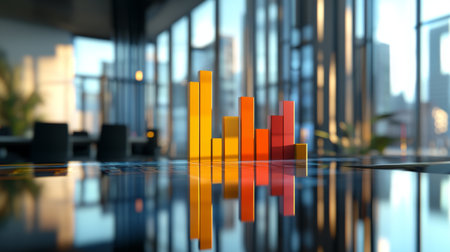 A D bar graph showcasing business profits, with bold, stacked bars representing various revenue streams, set on a reflective surface in a modern office setting.の素材