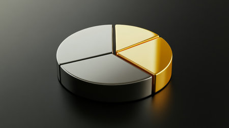 A D pie chart with gold and silver segments on a dark reflective background, illustrating the portion of gold in an investment portfolioの素材