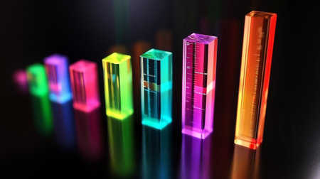 A D bar graph with colorful transparent bars of different heights on a reflective dark background, casting soft shadows for a modern, high-tech lookの素材