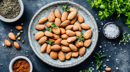 A beautifully arranged plate of roasted almonds with a sprinkle of sea salt, surrounded by fresh herbs and spices, perfect for a healthy snack display.の素材