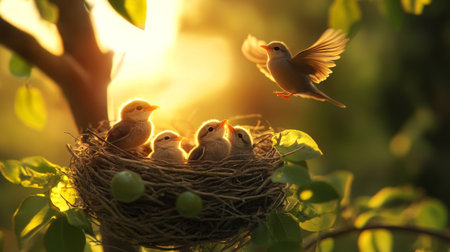 A beautiful image of a nest with baby birds looking up, with a blurred background of their parent bird flying in to feed them, highlighting nature's dynamicsの素材