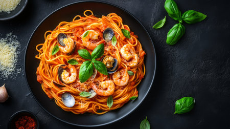 A beautifully plated dish of spaghetti with seafood, featuring clams, shrimp, and a rich tomato sauce, garnished with basil leaves and Parmesan cheeseの素材