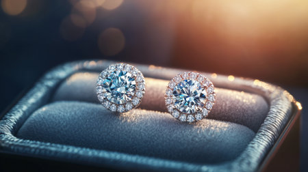 A beautiful image of diamond earrings nestled in a luxurious jewelry box, with soft lighting that accentuates their sparkle and showcases their eleganceの素材