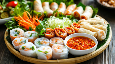 A beautifully arranged platter of assorted Thai spring rolls, including fresh and fried varieties, served with sweet chili sauce and garnished with herbsの素材