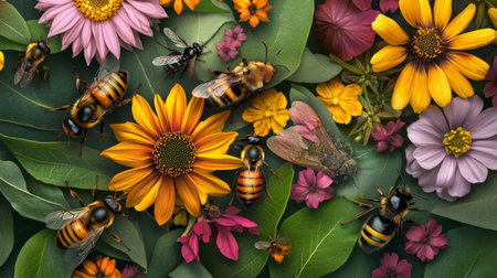 A beautiful composition of various insects, including bees and ants, gathered on a cluster of colorful flowers and leaves, showcasing the diversity of pollinators.の素材