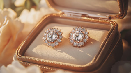 A beautiful image of diamond earrings nestled in a luxurious jewelry box, with soft lighting that accentuates their sparkle and showcases their eleganceの素材
