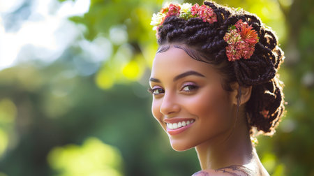A beautiful woman with intricately braided hair, adorned with delicate flowers, smiling in a natural outdoor setting, showcasing the elegance of her hairstyle.の素材