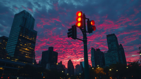 A captivating view of a traffic light at dusk, glowing brightly against a darkening sky, creating a dramatic effect in the urban landscapeの素材