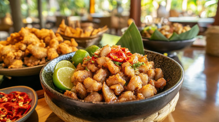 A charming setup featuring a bowl of fried pork belly with fish sauce, beautifully plated with fresh lime and chili, set against a backdrop of a cozy kitchenの素材