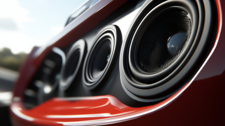 A captivating view of a sports cars interior, showcasing sleek speakers and a high-tech audio display, emphasizing the luxurious driving experienceの素材