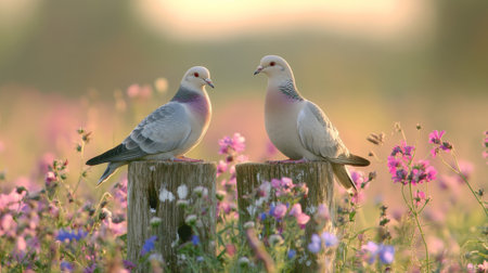 A captivating image of two doves resting on a rustic wooden fence post, surrounded by wildflowers, highlighting the beauty of their habitatの素材