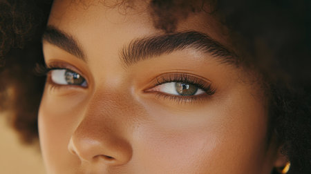 A beauty shot of a woman's defined eyebrows, with a subtle brow pencil application, highlighting the precision of the makeup and the natural hair texture.の素材
