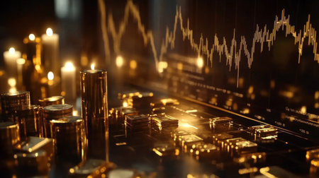 A candlestick chart in rich gold and black tones on a sleek background, highlighting the daily price changes of gold in a premium designの素材