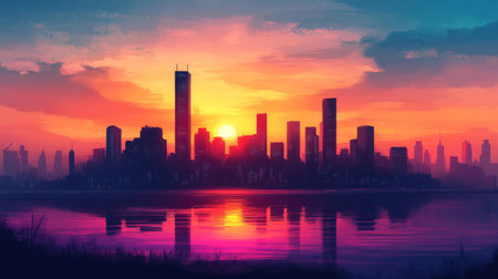 A breathtaking sunset view of a skyline silhouette, with skyscrapers standing tall against a colorful sky, evoking a sense of tranquility and reflection.の素材