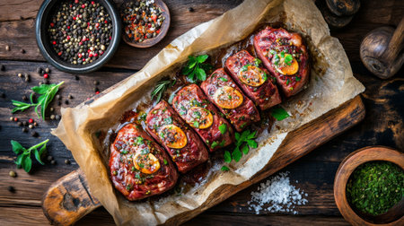 A captivating shot of freshly cut beef tenderloin wrapped in butcher paper, placed on a wooden table, with herbs and spices sprinkled around for flavorの素材