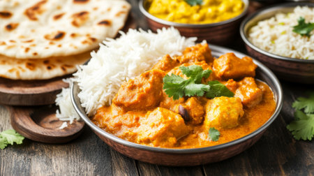 A close-up of a thali platter filled with an assortment of curries, rice, and flatbreads, beautifully presented, highlighting the richness and variety of Indian dining.の素材