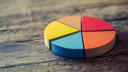 A close-up of a financial pie chart displaying customer demographics, with distinct colors for age groups and gender, arranged on a light wooden background for contrast.の素材