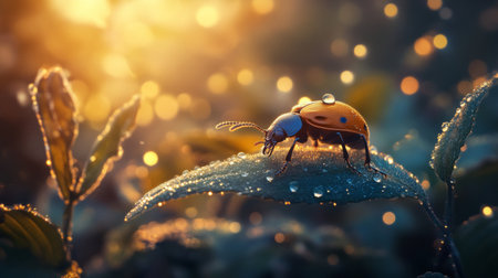 A captivating image of a beetle climbing on a dewy leaf at dawn, with soft sunlight illuminating the scene, capturing the tranquility of early morning nature.の素材