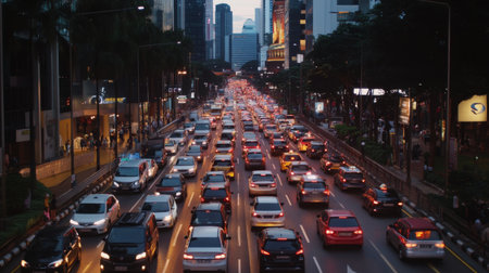 A bustling city street during rush hour, with a long line of cars stuck in traffic, showcasing the daily struggle of commuters and the challenges of urban transportation.の素材