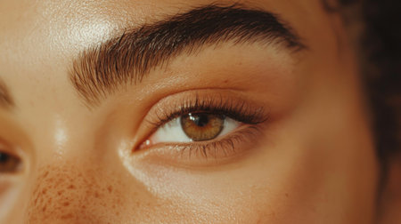 A close-up of arched, bold eyebrows on a woman's face, showcasing her clear skin and minimal makeup, with soft lighting to create a natural look.の素材