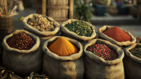 A captivating image of a spice market with vibrant spices in burlap sacks, emphasizing the key ingredients that make Indian cuisine so flavorful and aromatic.の素材