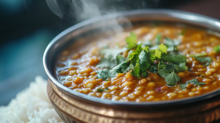 A close-up of a steaming bowl of spicy lentil dal, garnished with fresh cilantro and served with rice, showcasing the rich colors and textures of Indian cuisine.の素材