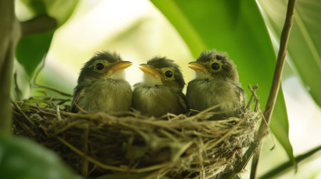 A captivating photograph of a bird's nest in the wild, with baby birds eagerly waiting for food, framed by lush greenery and vibrant colorsの素材