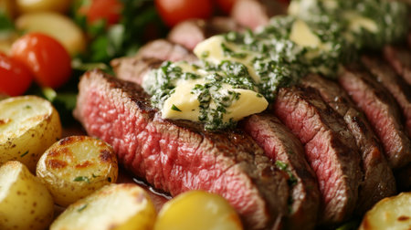 A close-up of a juicy steak topped with herb butter, melting over the edges, accompanied by a side of roasted potatoes and seasonal vegetablesの素材