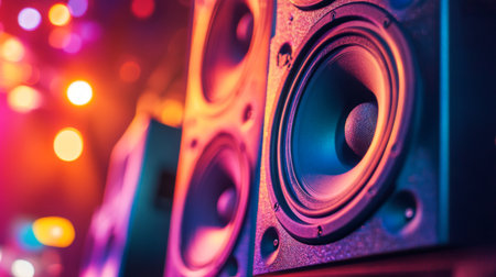 A captivating shot of speakers arranged in a row at a live concert, illuminated by colorful stage lights, capturing the energy and excitement of a performanceの素材