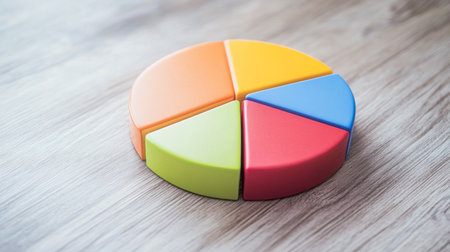 A close-up of a financial pie chart displaying customer demographics, with distinct colors for age groups and gender, arranged on a light wooden background for contrast.の素材