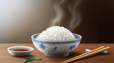 A charming scene of a steaming bowl of rice placed on a table beside chopsticks and a small dish of dipping sauce, inviting a delicious dining experienceの素材