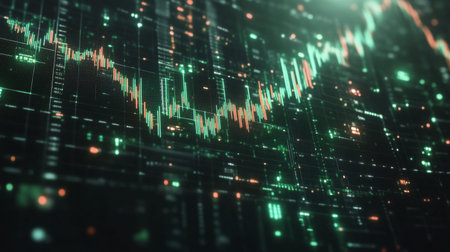 A candlestick chart with green and red bars on a dark digital grid ...