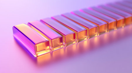 A clear D bar graph with metallic bars and gradient colors, arranged on a white reflective surface, creating a clean, professional aestheticの素材