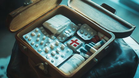 A close-up of a wooden first-aid kit opened to reveal an array of essential medications and bandages, with soft lighting highlighting the contentsの素材
