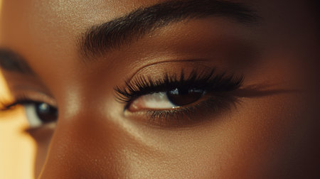 A close-up of beautifully contoured eyes, with perfectly applied mascara and eyeliner, highlighting the intensity and elegance of the woman's natural beauty.の素材