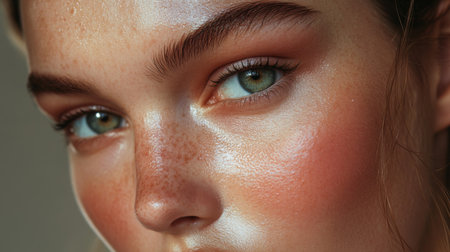 A close-up of a womans face with dewy skin and subtle makeup, her eyes gazing into the camera with a gentle expression, set against a neutral background.の素材