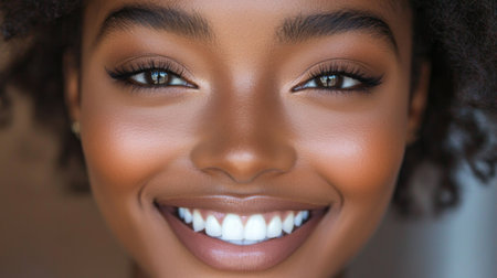 A close-up of a smiling womans face, her eyes sparkling with joy, featuring a natural makeup look with soft pink lips and a warm, inviting expression.の素材