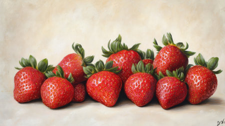 A charming image of strawberries with a few still attached to their green stems, placed on a light background, emphasizing their natural beauty and freshnessの素材