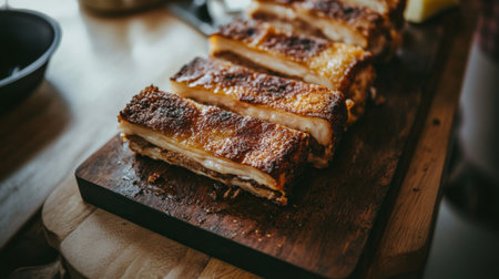 A close-up of perfectly cooked crispy pork belly, with golden-brown skin and succulent layers of meat, beautifully arranged on a rustic wooden cutting boardの素材