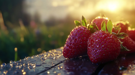 A close-up shot of freshly picked strawberries resting on a wooden table, with dew drops glistening on their bright red surfaces under soft natural lightの素材